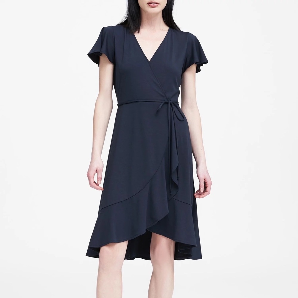 Banana Republic black flounce wrap dress